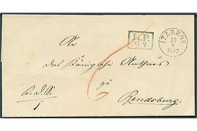 1857. Tjenestebrev mærket K.d.S. med landpoststempel L.P. No. 2 (Hanau) og sidestempel Itzehoe d. 13.8.1857 til Randsburg. Påskrevet 6 sk. porto.