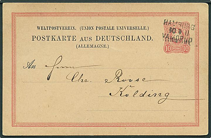 10 pfg. helsagsbrevkort fra Elmshorn annulleret med bureaustempel Hamburg Vamdrup d. 30.9.1879 til Kolding, Danmark.