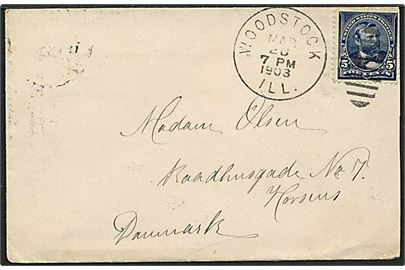 5 cent blå på brev fra  Woodstock, USA, d. 28.3.1903 til Horsens.
