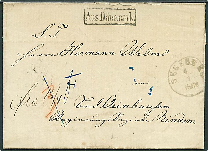 1862. Portobrev med antiqua Segeberg d. 4.1.1862 via K.D.O.P.A. Hamburg til Bad Oyenhausen. Rammestempel Aus Dänemark.