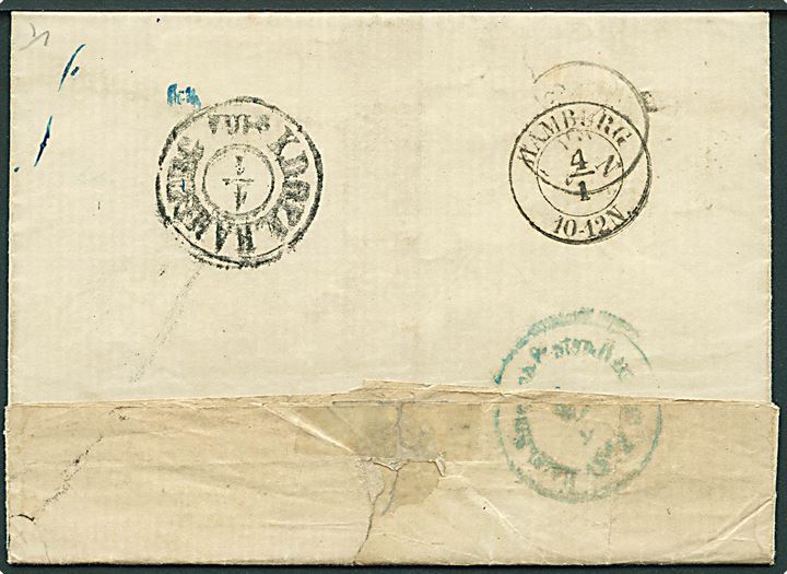 1862. Portobrev med antiqua Segeberg d. 4.1.1862 via K.D.O.P.A. Hamburg til Bad Oyenhausen. Rammestempel Aus Dänemark.