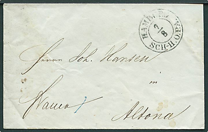 1850. Francobrev med oprørstempel Hamburg Sch-H. O.P.A. d. 7.8. ca. 1850 til Altona.