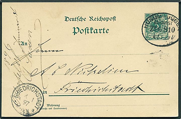 5 pfg. helsagsbrevkort fra Ostenfeld annulleret med bureaustempel Husum - Jübek Zug 810 d. 4.1.1899 til Freidrichstadt.