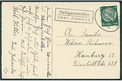 6 pfg. Hindenburg på brevkort annulleret med bureaustempel Hamburg - Husum Zug 1905 d. 31.12.1933 og sidestemplet Heiligenstedten åuber Jtzehoe til Hamburg.