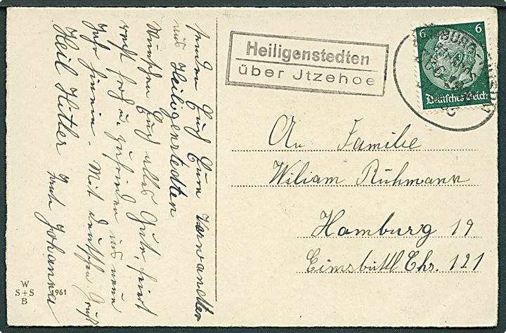 6 pfg. Hindenburg på brevkort annulleret med bureaustempel Hamburg - Husum Zug 1905 d. 31.12.1933 og sidestemplet Heiligenstedten åuber Jtzehoe til Hamburg.