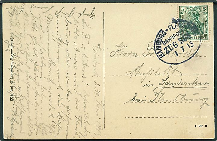 5 pdg. Germania på brevkort fra Einbeck annulleret med bureaustempel Hamburg - Flensburg Zug 554 d. 1.7.1913 til Flensburg.