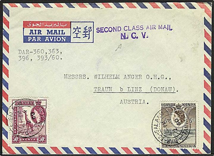 55 cent på Second class air mail / N.C.V. fra Sar-Es-Salam d. 2.7.1960 til Traun, Østrig.