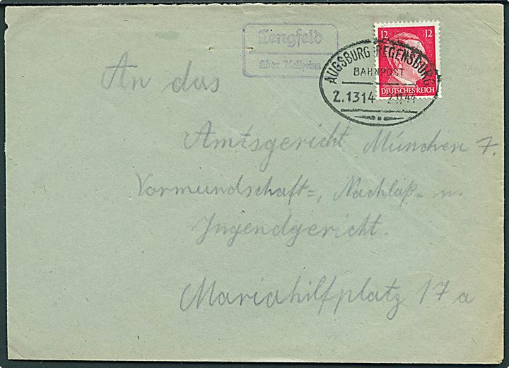 12 pfg. Hitler på brev annulleret med bureaustempel Augsburg - Regensburg Zug 1314 d. 2.11.1944 og sidestemplet Lengfeld über Kelheim til München.