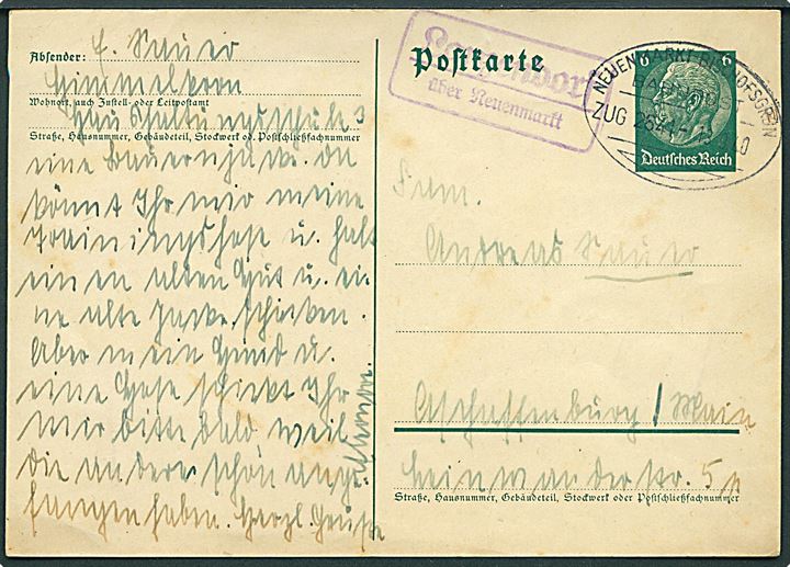 6 pfg. Hindenburg helsagsbrevkort annulleret med bureaustempel Neunmarkt - Bischofsgrün Zug 2641 d. 13.9.1940 og sidestemplet Larzenhof über Neuenmarkt.