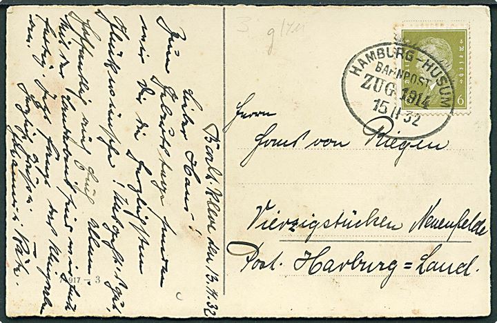 6 pfg. Ebert på brevkort stemplet Hamburg - Husum Zug 1914 d. 15.11.1932 til Harburg.