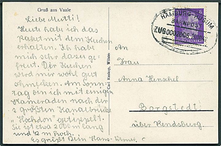 6 pfg. Hitler på brevkort fra Vaale annulleret med bureaustempel Hamburg - Husum Zug 0002006 d. 20.10.1942 til Borgstedt.