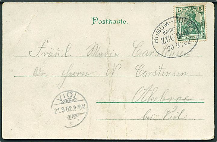 5 pfg. Germania på brevkort annulleret med bureaustempel Husum - Jübek Zug 809 til Akebroe pr. Viöl. Fold.