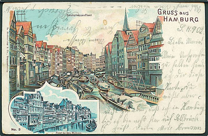 5 pfg. Germania på brevkort annulleret med bureaustempel Husum - Jübek Zug 809 til Akebroe pr. Viöl. Fold.