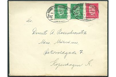 5 pfg. (2) og 15 pfg. Hindenburg på brev annulleret med bureaustempel Hamburg - Warnemünde Zug 7 d. 28.9.1931 til København, Danmark.