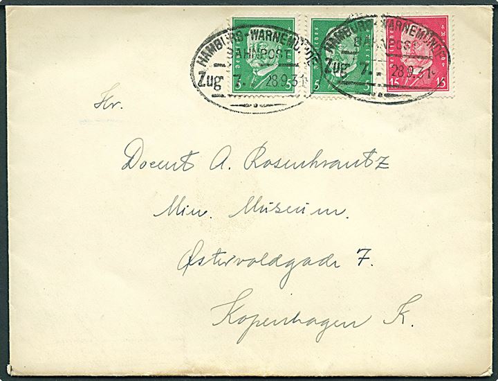 5 pfg. (2) og 15 pfg. Hindenburg på brev annulleret med bureaustempel Hamburg - Warnemünde Zug 7 d. 28.9.1931 til København, Danmark.