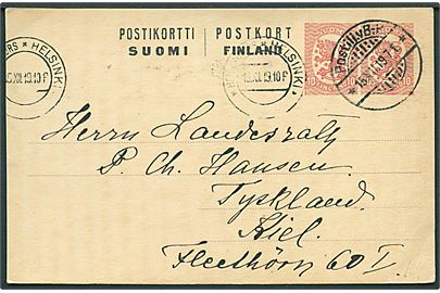 10+10 pfg. provisorisk helsagsbrevkort fra Helsinki d. 15.12.1919 via bureau Postillj. v. B.-K. d. 15.12.1919 til Kiel, Tyskland.