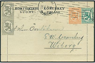 1 mk. helsags korrespondancekort opfrankeret med 5 pen. (2) og 40 pen. Løve fra Viipuri d. 26.1.1926.