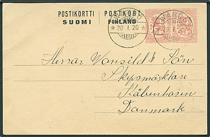 Åland. 10+10 pen. provisorisk helsagsbrevkort annulleret med udslebet stempel i Wårdö d. 20.1.1920 til København, Danmark