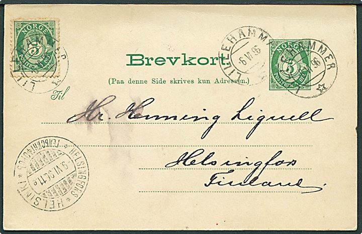 5 øre helsagsbrevkort opfrankeret med 5 øre Posthorn fra Lillehammer d. 6.6.1896 til Helsingfors, Finland.