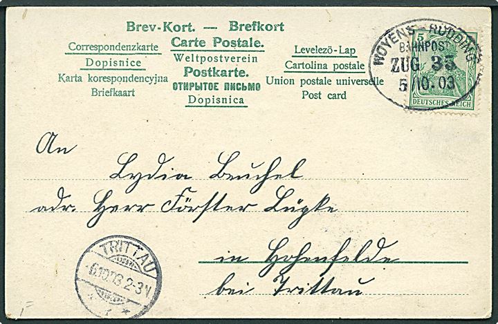 5 pfg. Germania på brevkort annulleret med bureaustempel Woyens - Rödding Zug 35 d. 5.10.1903 til Trittau.