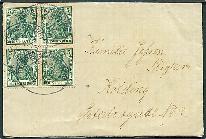 5 pfg. Germania i fireblok på brev fra Hotel Reisby pr. Brøns annulleret med bureaustempel Tondern - Hvidding Zug 1225 d. 30.7.1913 til Kolding, Danmark.
