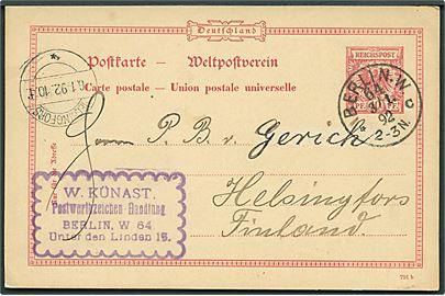 10 pfg. helsagsbrevkort fra Berlin d. 3.1.1892 til Helsingfors, Finland.