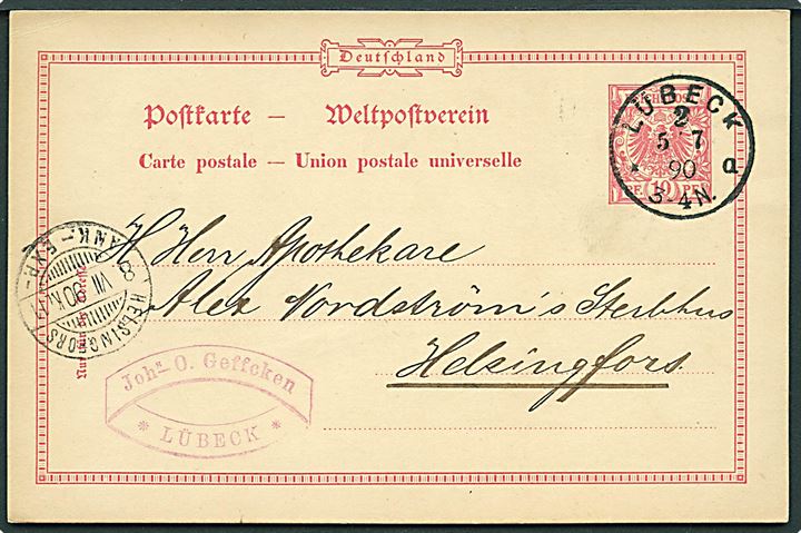 10 pfg. helsagsbrevkort fra Lübeck d. 5.7.1890 til Helsingfors, Finland.