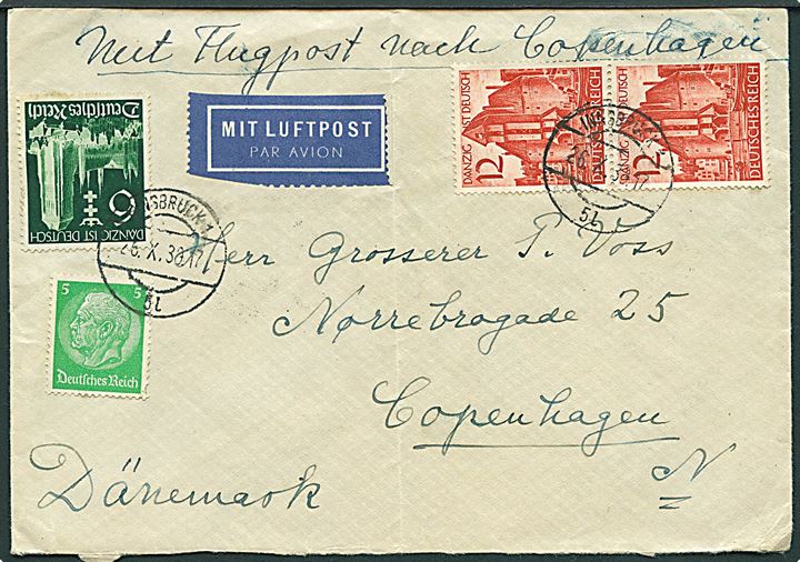 Komplet sæt Danzig ist Deutsch og 5 pfg. Hindenburg på luftpostbrev fra Innsbruck d. 26.10.1939 til København, Danmark.