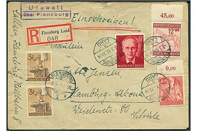 42 pfg. blandingsfrankeret anbefalet brev stemplet Flensburg Land d. 9.9.1943 og sidestemplet Unewatt über Flensburg til Hamburg.