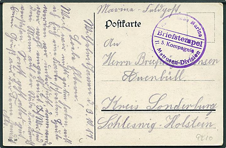 Marinefeldpost brevkort dateret Wilhelmshaven d. 3.10.1917 til Auenbüll kr. Sonderburg. Briefstempel: Kaiserlische Marine II. Matrosen-Division 5. Kompagnie.
