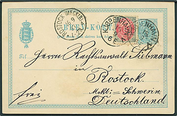 4 øre helsagsbrevkort opfrankeret med 8 øre Tofarvet fra Kjøbenhavn V. d. 15.9.1887 til Rostock, Tyskland.