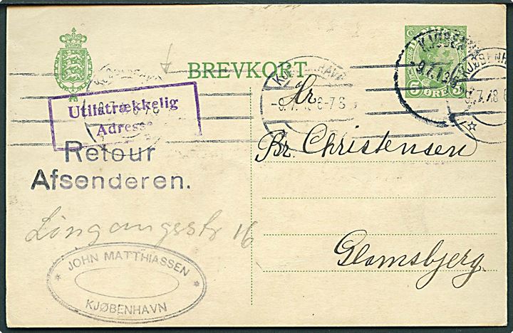 5 øre Chr. X helsagsbrevkort fra Kjøbenhavn d. 9.7.1918 til Gramsbjerg. Retur med rammestempel Utilstrækkelig Adresse.