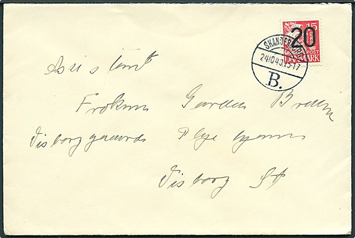 20/15 øre Provisorium på brev annulleret med brotype Vc Skanderborg B. d. 24.10.1940 til Visborg.