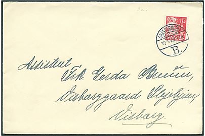 15 øre Karavel på brev annulleret med brotype Vc Skanderborg B. d. 19.1.1939 til Visborg.