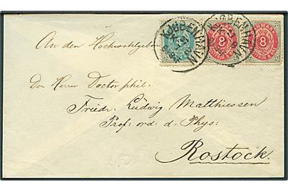 4 øre og 8 øre (par) Tofarvet på brev fra Kjøbenhavn d. 27.7.1892 til Rostock, Tyskland. 1 mærke med kort hjørne.