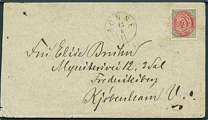 8 øre Tofarvet på brev annulleret med nr.stempel 61 og sidestemplet lapidar Rønne d. 17.6.1882 til Kjøbenhavn.