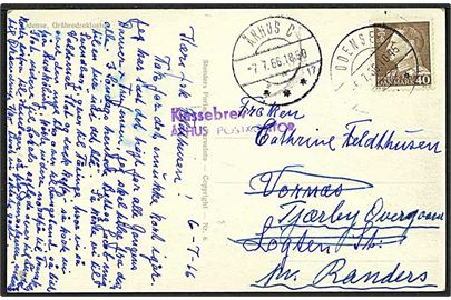 40 øre brun Fr. IX på postkort fra Odense d. 6.7.1966 til Løgten. Henlagt som kassebrev og omadresseret til Tjæreby.