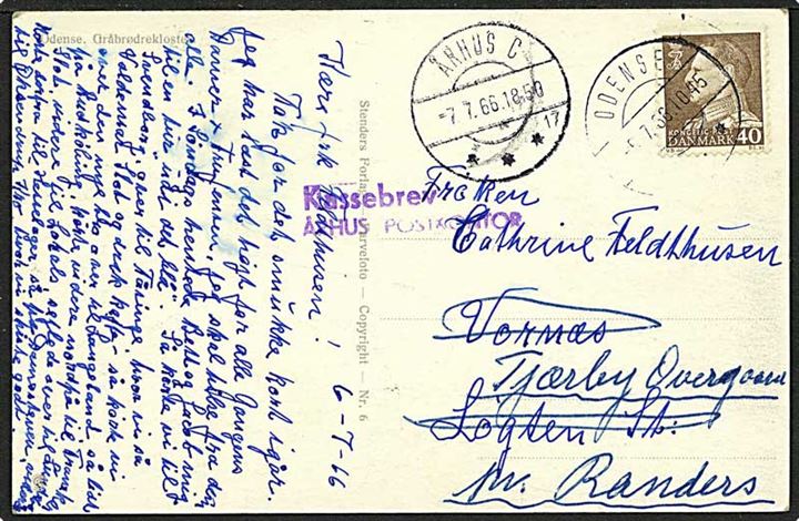 40 øre brun Fr. IX på postkort fra Odense d. 6.7.1966 til Løgten. Henlagt som kassebrev og omadresseret til Tjæreby.