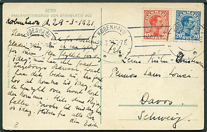 10 øre og 20 øre Chr. X på brevkort fra København d. 30.3.1921 til Davos, Schweiz.