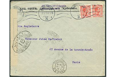 10 øre Chr. X i parstykke på brev fra Kjøbenhavn d. 3.4.1916 til Paris, Frankrig. Åbnet af fransk censur.
