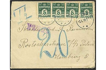 5 øre grøn bølgelinie på brev fra Ejby d. 2.5.1914 til Hamburg, Tyskland. Brevet sat i porto med 20 øre.