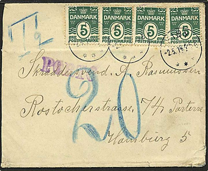 5 øre grøn bølgelinie på brev fra Ejby d. 2.5.1914 til Hamburg, Tyskland. Brevet sat i porto med 20 øre.