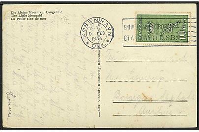 10+5 øre grøn kræftmærke singelfrankatur på postkort fra København d. 8.12.1934 til Aarhus.