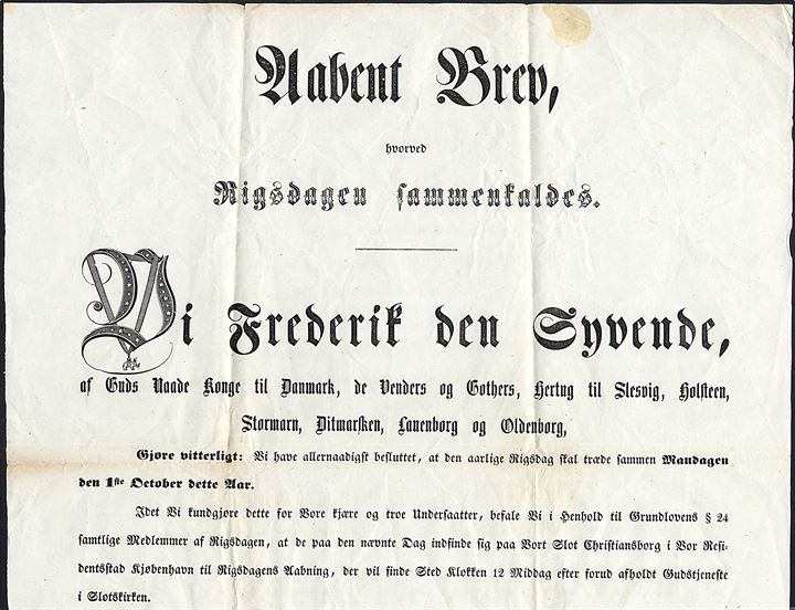 Aabent Brev fra Frederik VII hvorved Rigsdagen sammenkaldes. Dateret i Glücksburg d. 5.9.1860. (38x46 cm)
