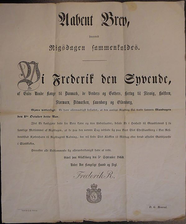 Aabent Brev fra Frederik VII hvorved Rigsdagen sammenkaldes. Dateret i Glücksburg d. 5.9.1860. (38x46 cm)