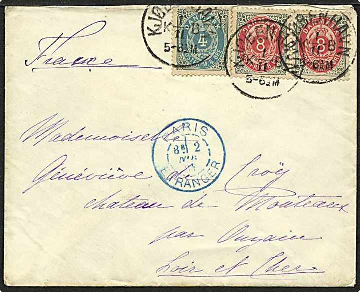 4 og 8 øre tofarvet på brev fra København d. 1.11.1884 til Paris, Frankrig.