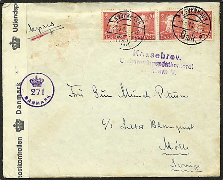 20 øre rød Chr. X på expres brev fra København d. 8.9.1945 til Mølle, Sverige. Henlagt som kassebrev. Dansk efterkrigscensur, kontrolstempel 271.