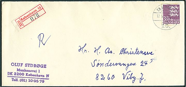 3,50 kr. Rigsvåben single på anbefalet brev fra København d. 12.5.1975 til Viby J.