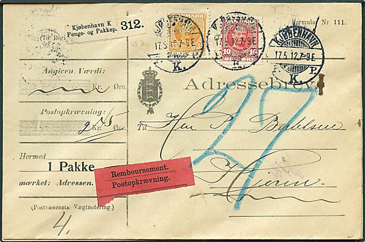 10 øre og 35 øre Fr. VIII på adressebrev for pakke med opkrævning fra Kjøbenhavn d. 17.5.1912 til Hjerm.