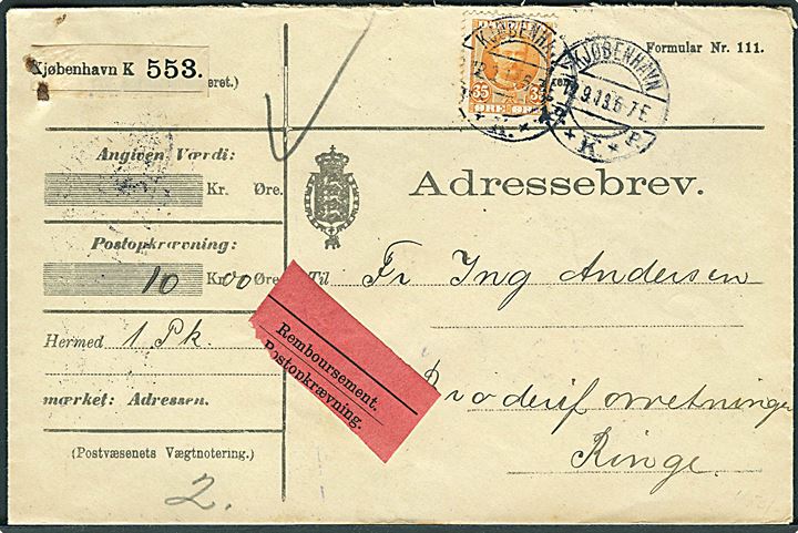 35 øre Fr. VIII single på adressebrev for pakke med opkrævning fra Kjøbenhavn d. 12.9.1913 til Ringe.